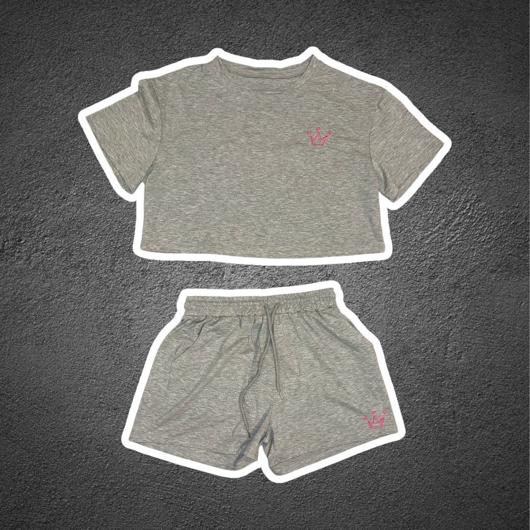 Gray Heart Crown Crop Top Set