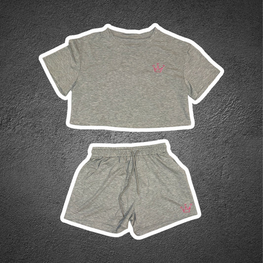 Gray Heart Crown Crop Top Set