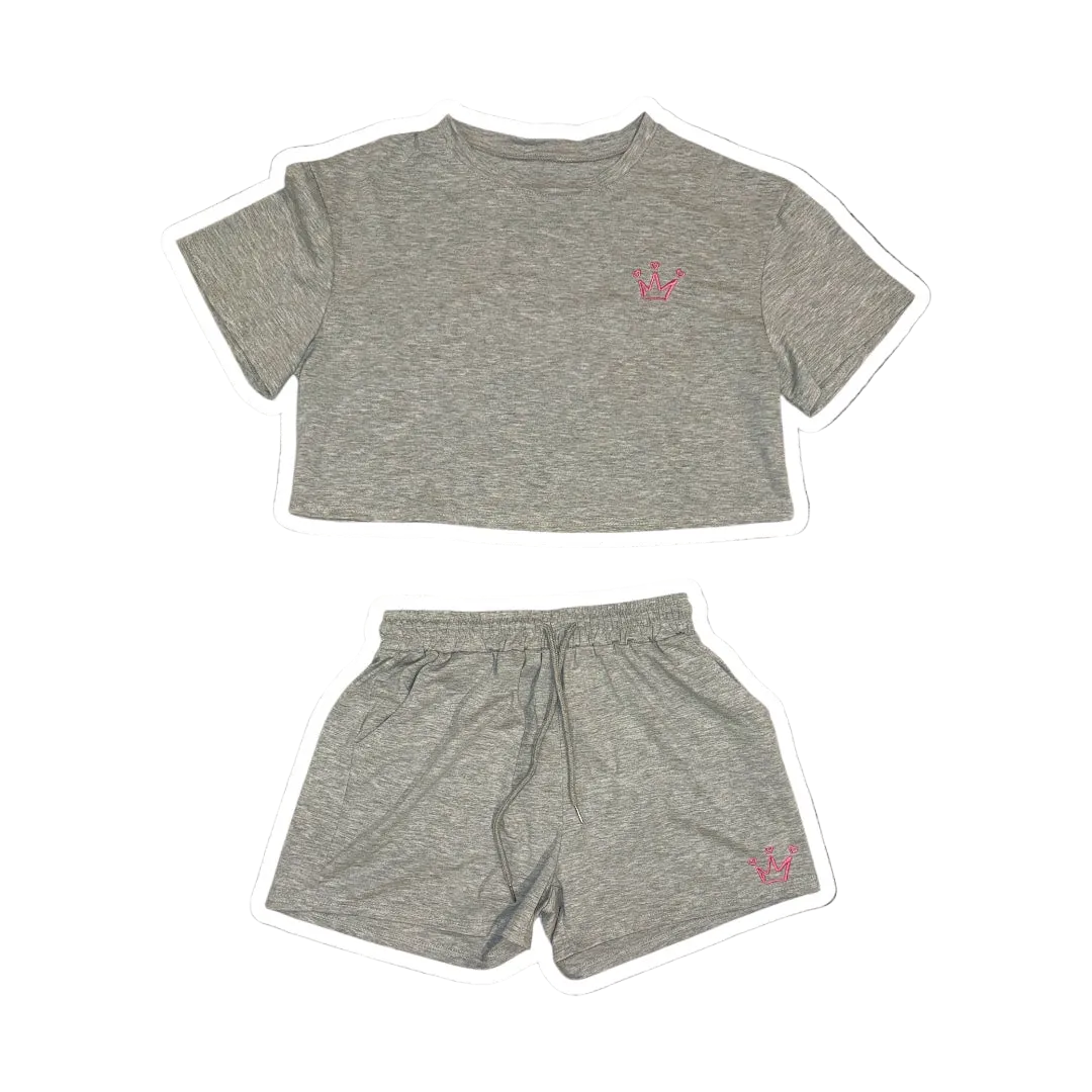 Gray Heart Crown Crop Top Set