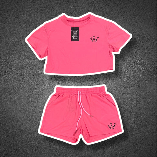 Pink Heart Crown Crop Top Set