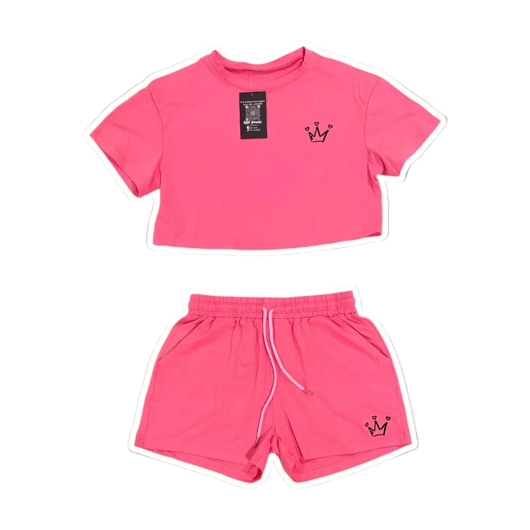 Pink Heart Crown Crop Top Set